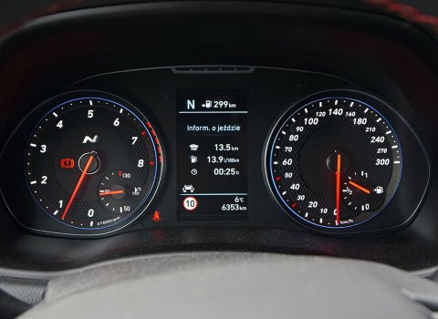 Hyundai pozostał wierny klasycznym czytelnym analogowym zegarom. W wersji N pojawia się ciekawy wzór z perforacją w tle oraz litera N. Tuż pod prawym ramieniem kierownicy znajdziemy przycisk wpływający na radykalną zmianę charakteru samochodu – z nic